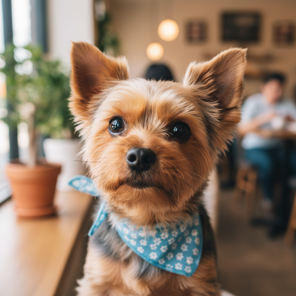 Close-up of a Yorkie wearing a tiny bandana at a dog-friendly cafe meetup