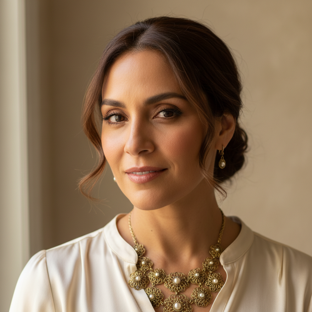 Venezuelan woman entrepreneur with elegant style, luxury cosmetics brand founder portrait