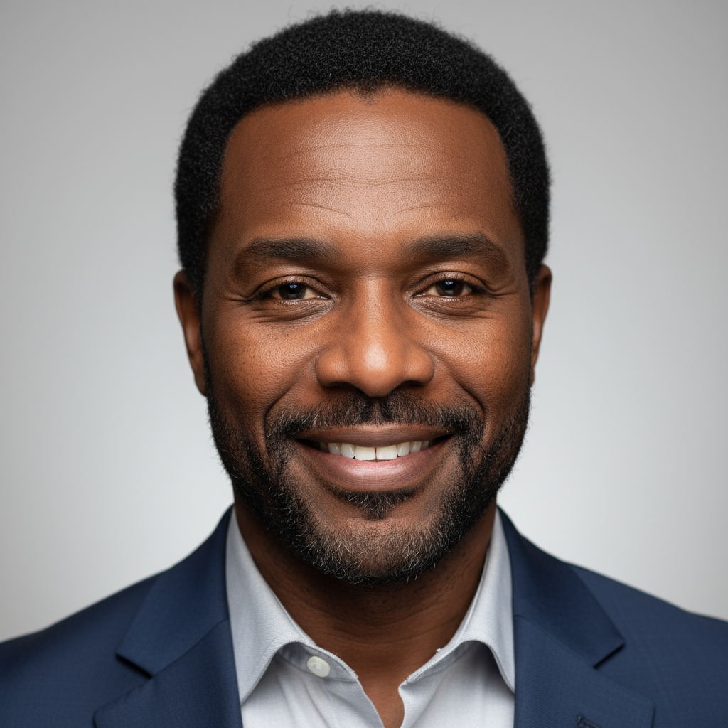 Professional portrait of male collector in dark suit, neutral background, confident expression
