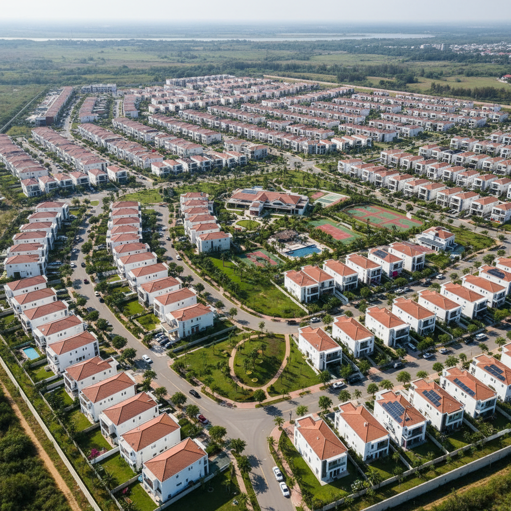 Aerial view of a small prairie-style development with unified low-slung rooflines and shared landscape vocabulary in suburban Illinois