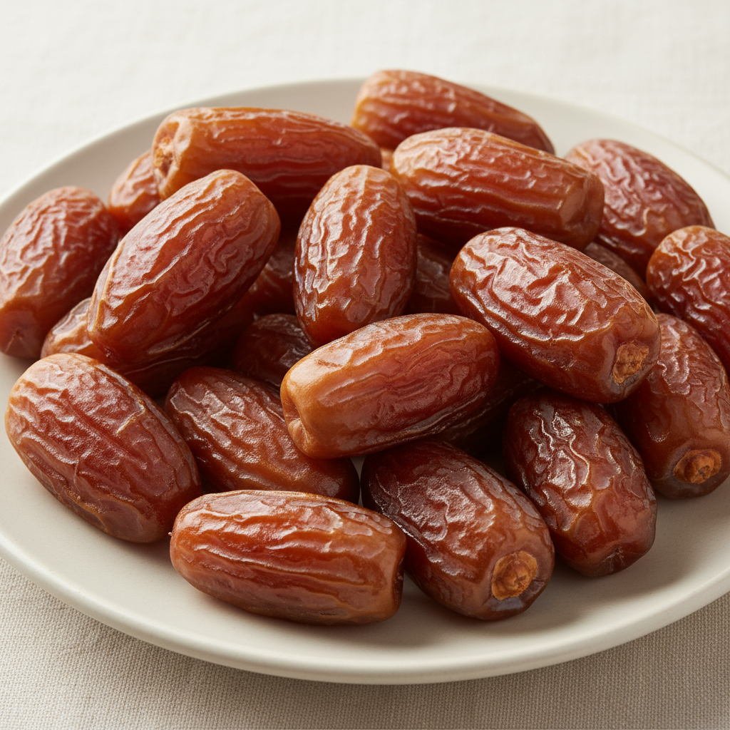Rich dark Medjool dates arranged on a white ceramic plate, well-lit kitchen background, warm tones