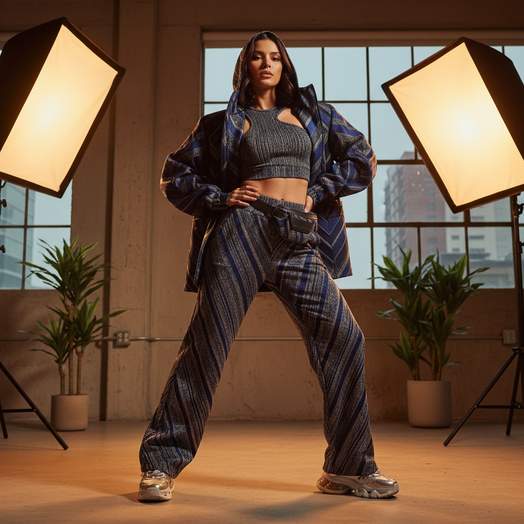 Fashion model in Super Syno brand clothing, confident pose, bright studio, premium fashion editorial