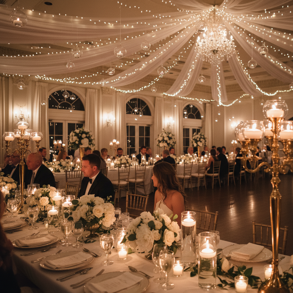 Elegant wedding reception with candle-lit tables, floral centerpieces, and draped ceiling decorations