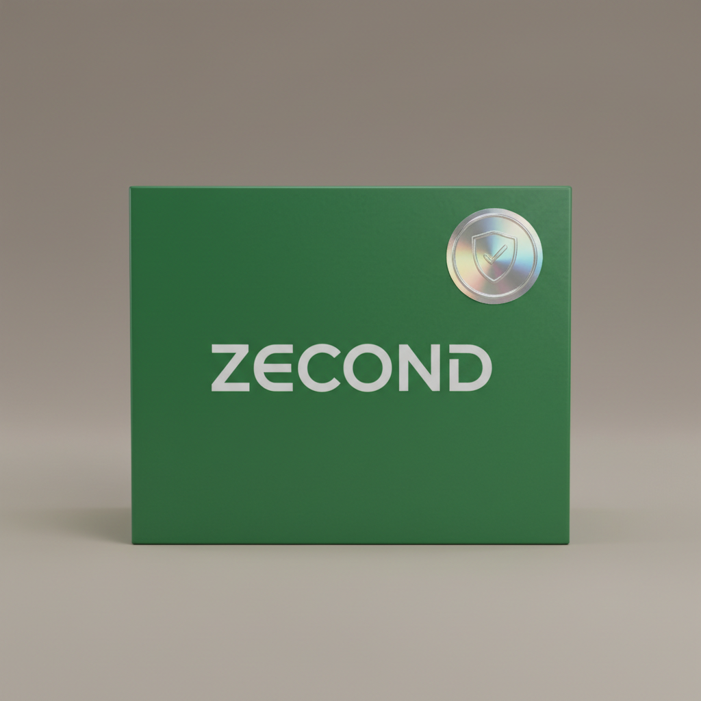 Caja verde ZECOND con sello de verificación aprobada lista para entrega