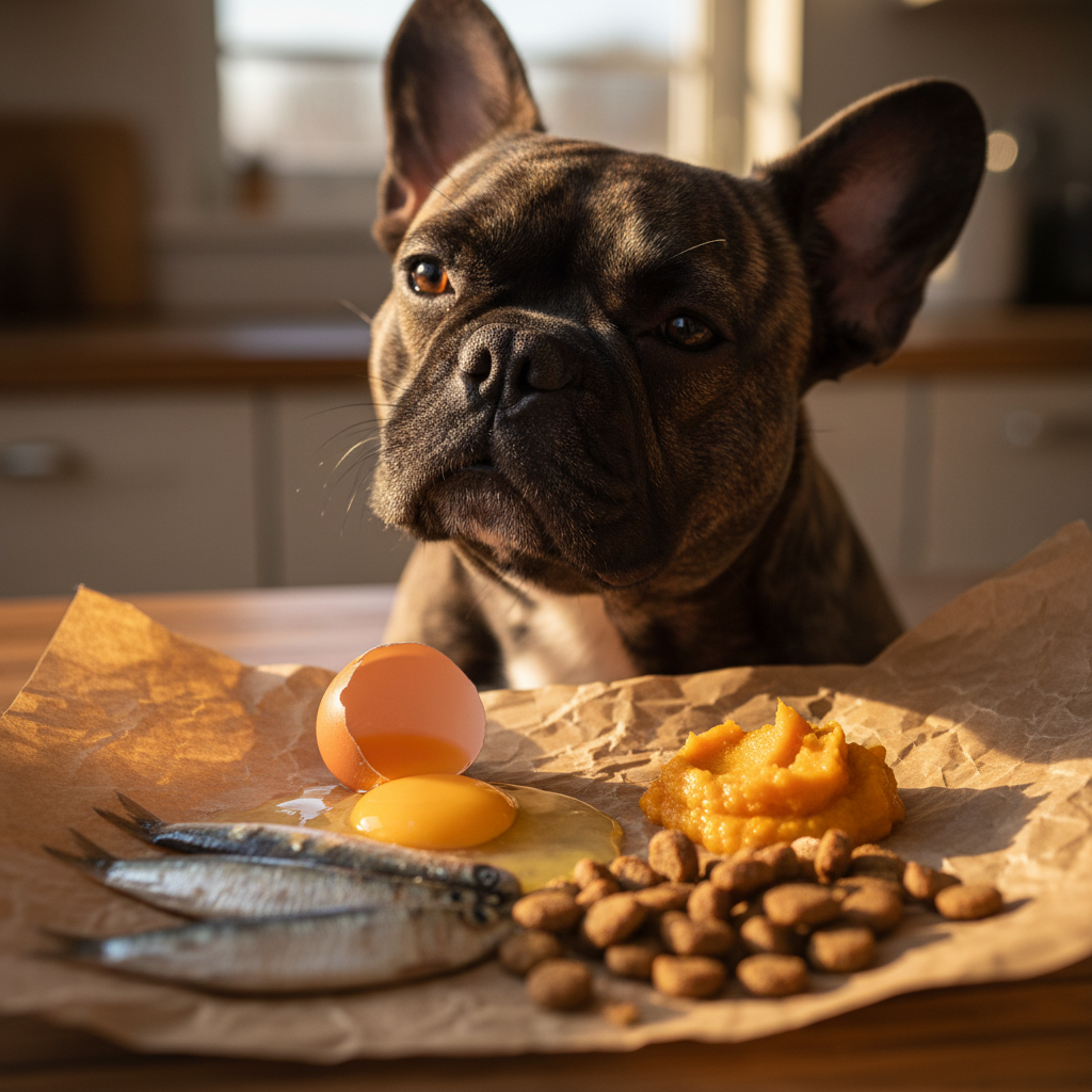 French Bulldog with fresh ingredients arranged on butcher paper — raw egg, sardine, pumpkin purée, and kibble at dog-eye level with shallow depth of field and golden-hour light