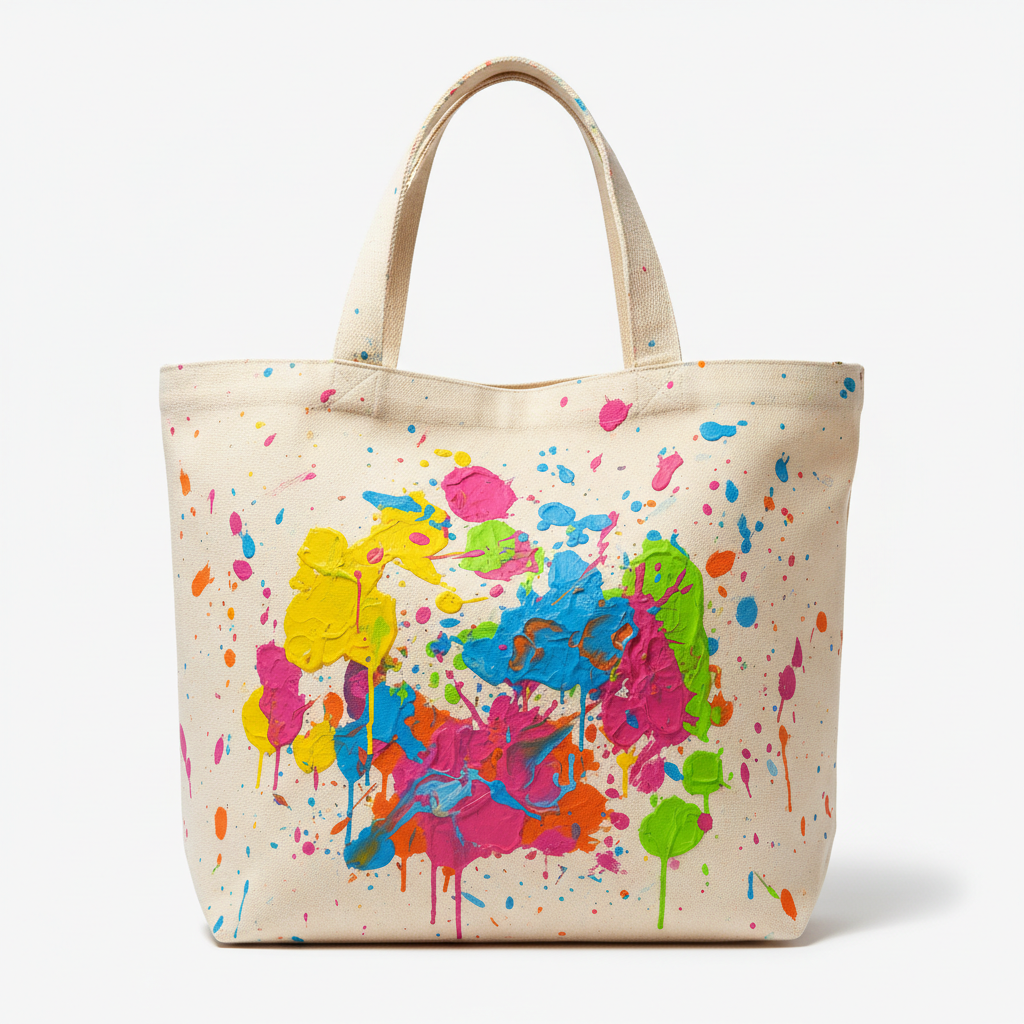 Canvas studio tote bag with paint splatter marks from spring art sessions