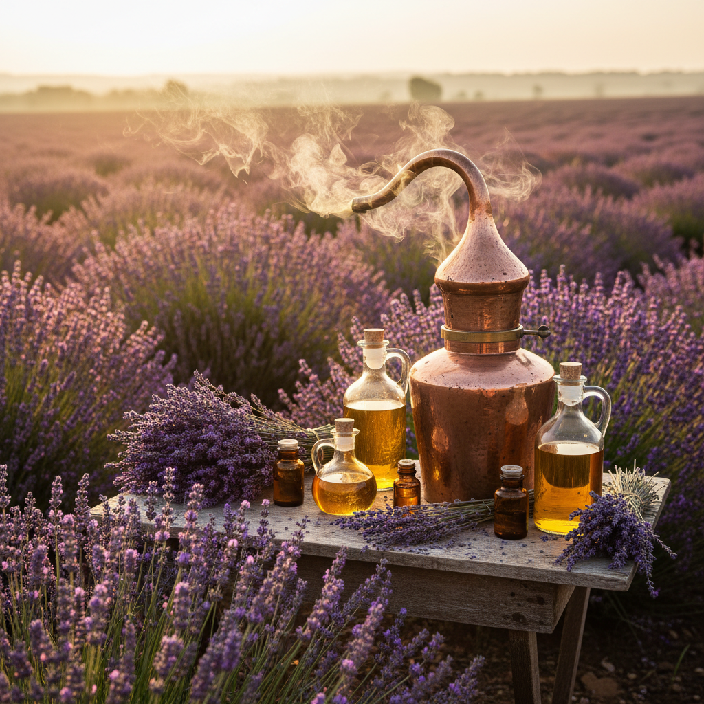 Antique copper distillation alembic with steam rising as rose petals are processed in a historic Grasse perfumery