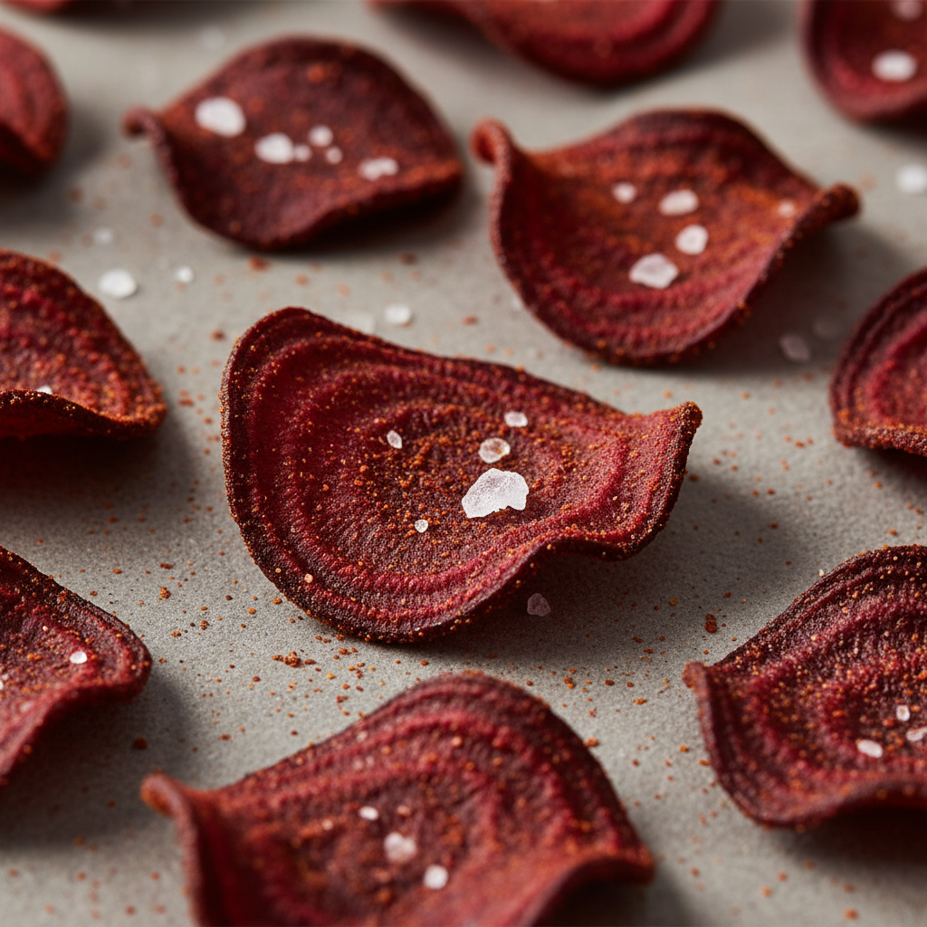 Close-up macro of deep crimson beetroot crisps dusted with smoked paprika, salt crystals visible on surface