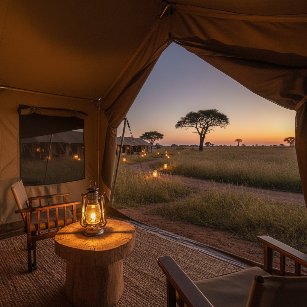 Luxury tented camp with canvas walls open to African bush and elephant silhouettes at dusk