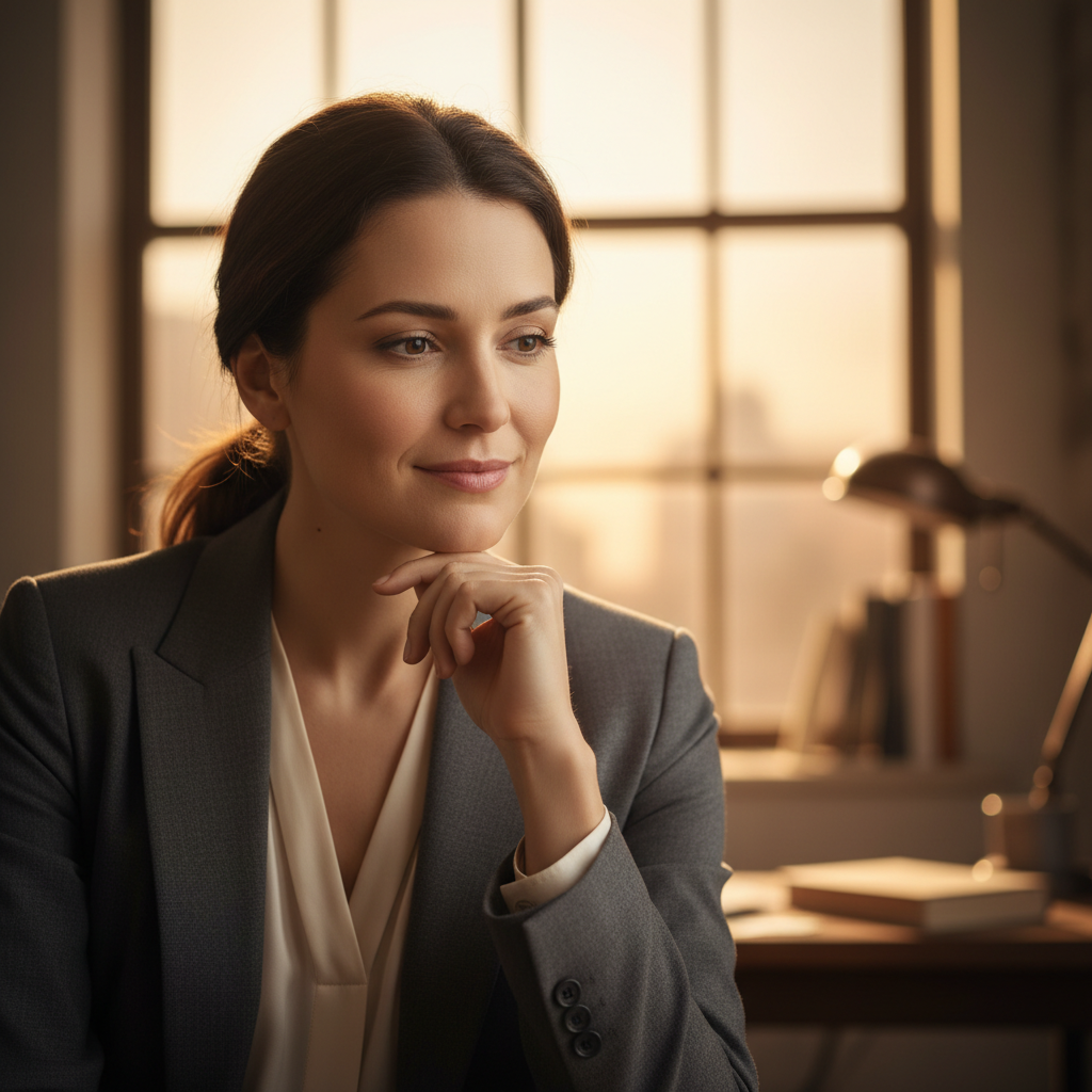 Professional woman with warm expression, light background, business casual attire