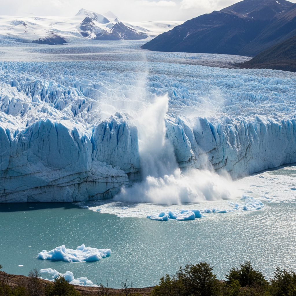 Perito Moreno glacier massive blue ice wall with calving ice chunks
