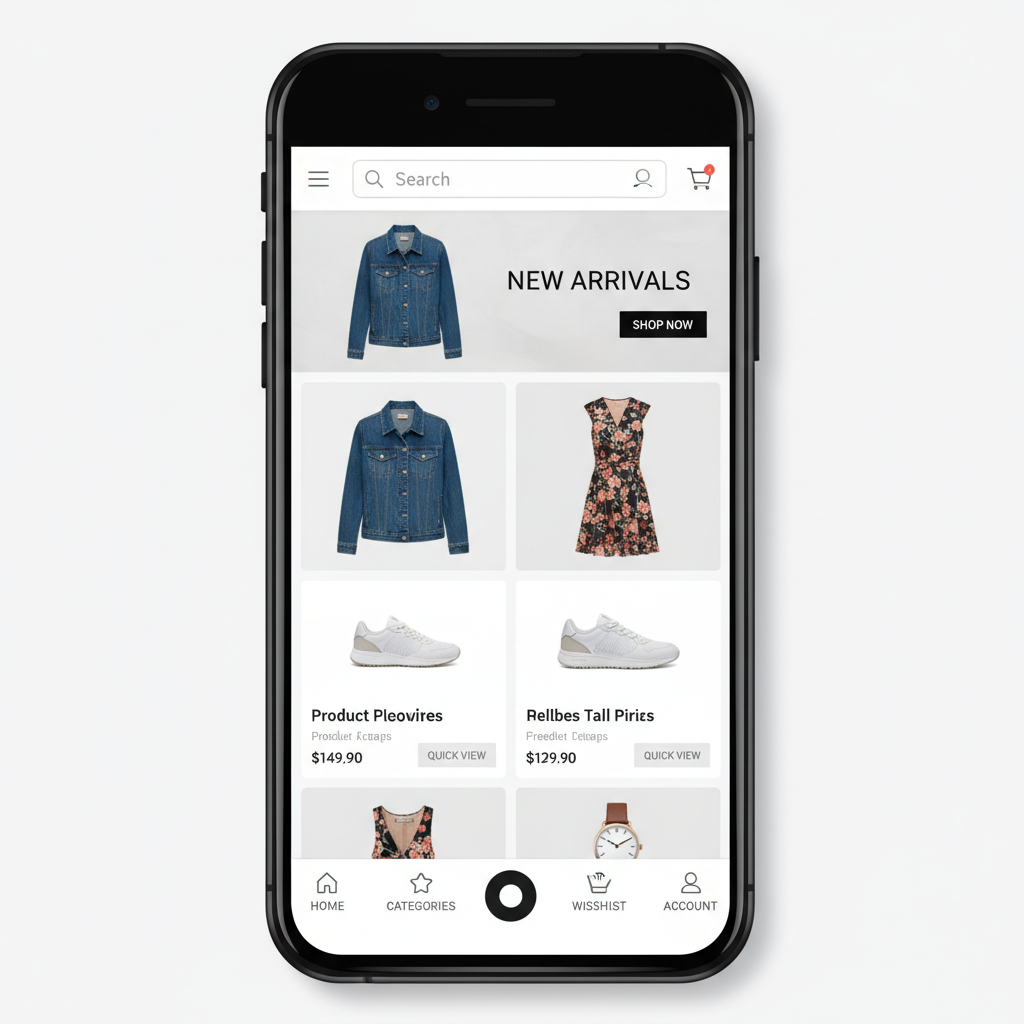 Mobile retail app on phone in bright daylight showing clean product grid and checkout interface