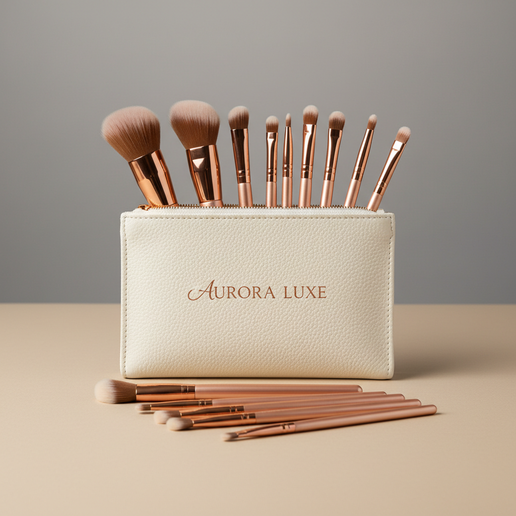 Professional makeup brush set with rose-gold handles in branded pouch
