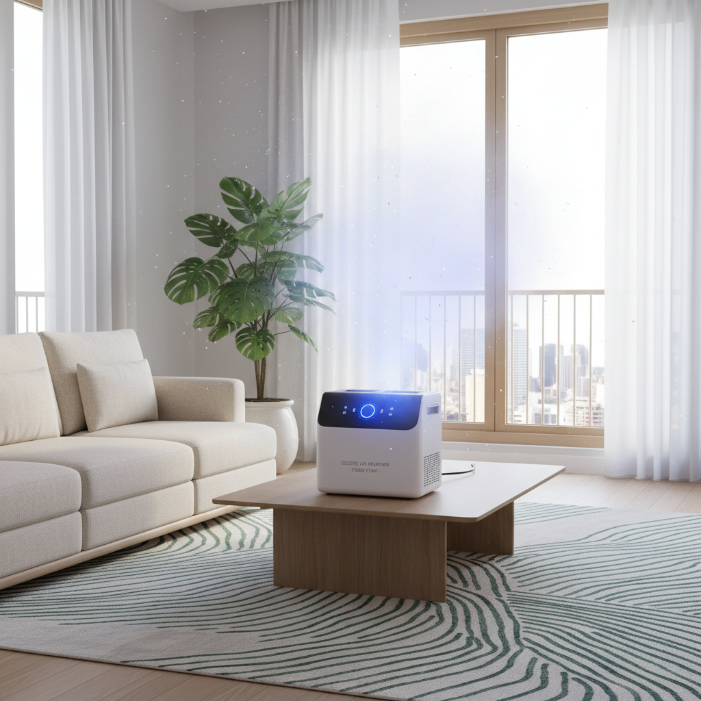 White cylindrical air purifier in bright modern living room, natural daylight