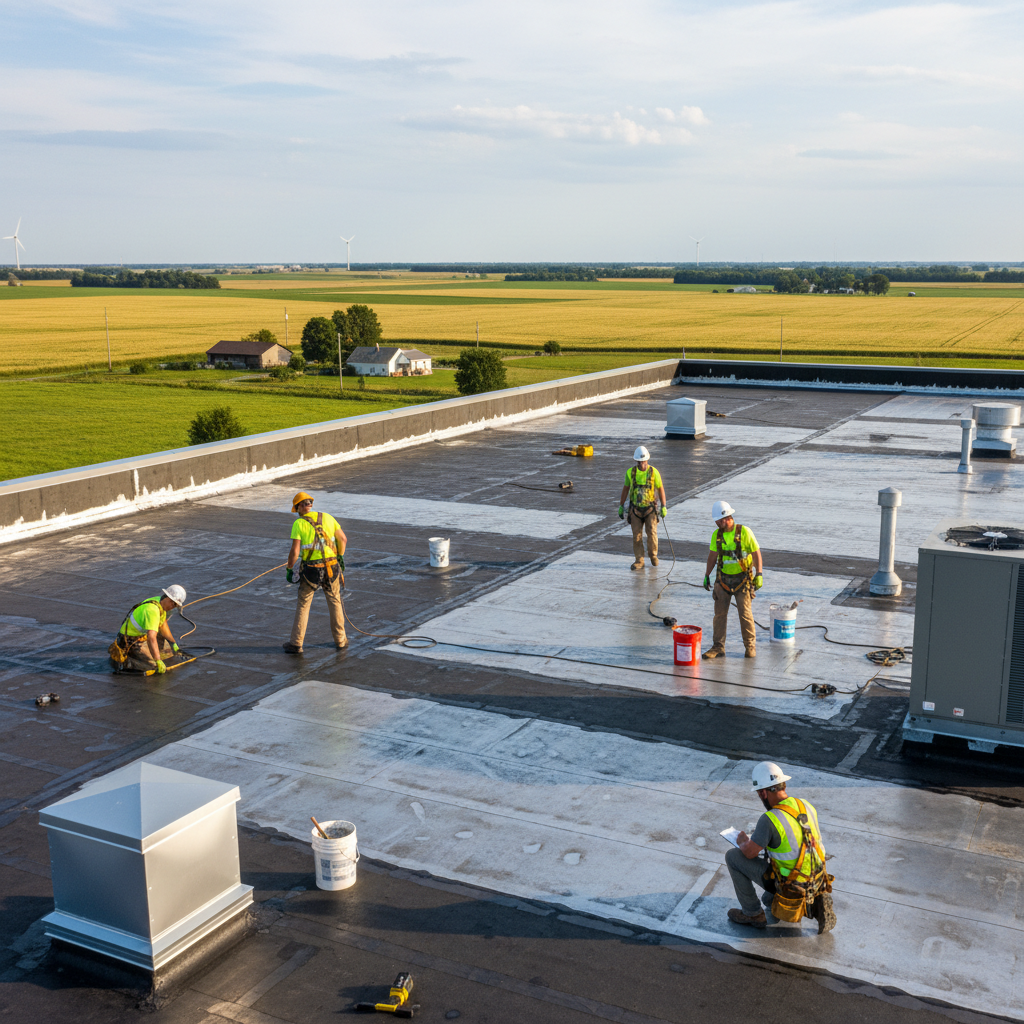 Commercial flat roof being inspected and repaired by professional roofing crew on a large industrial building, urban skyline background