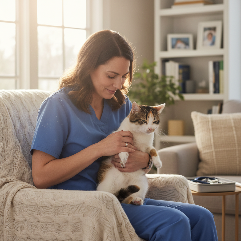 Female veterinarian with natural hair holding a relaxed tabby cat in a bright home setting