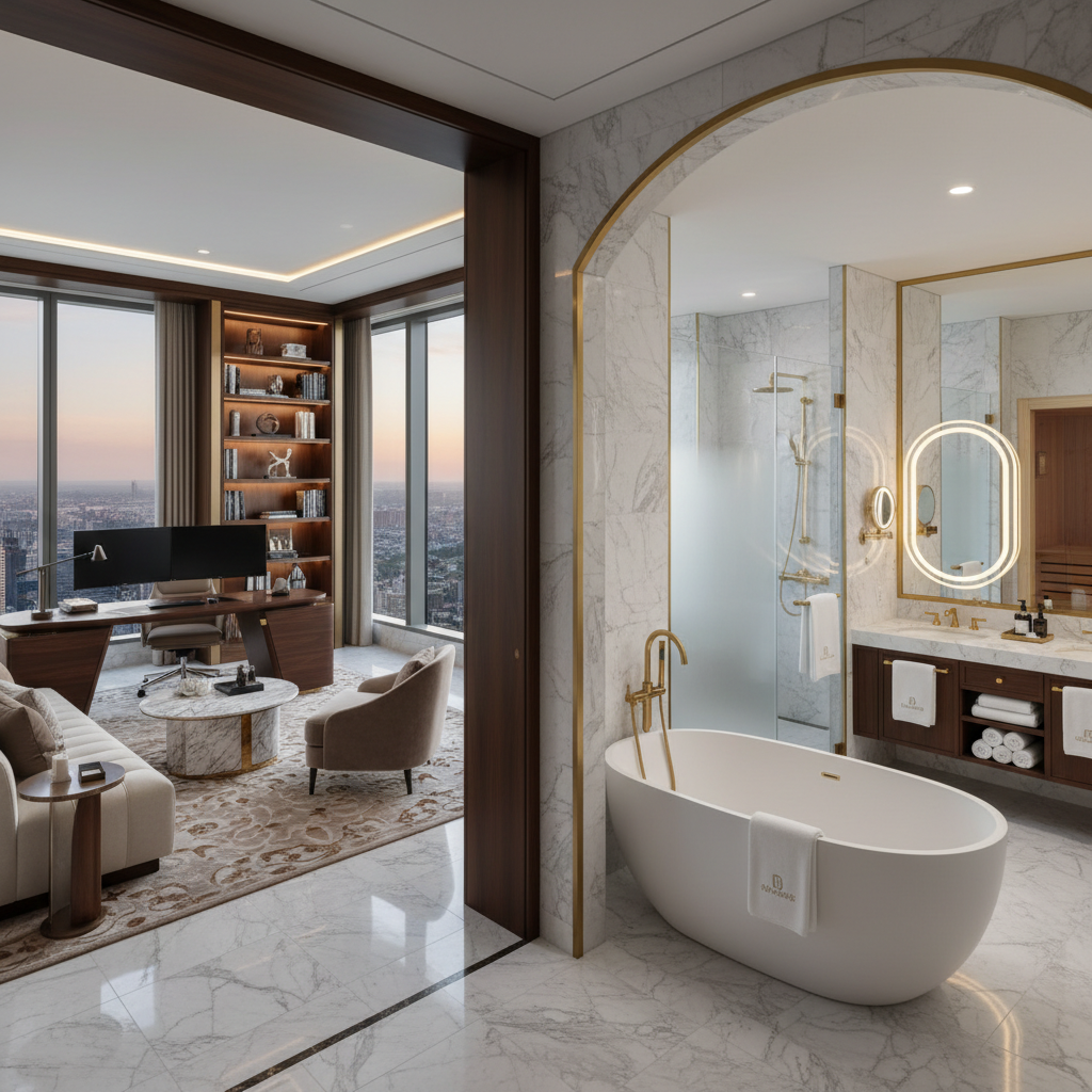 Luxurious Middle Eastern office space with marble floors, gold accents, and panoramic desert city views
