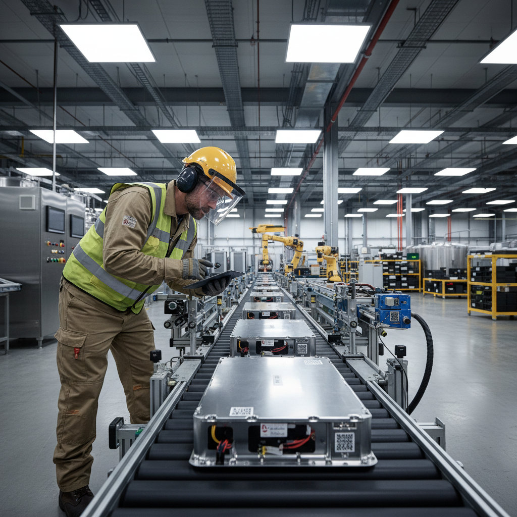 Industrial battery recycling facility with organized rows of electric vehicle batteries being processed