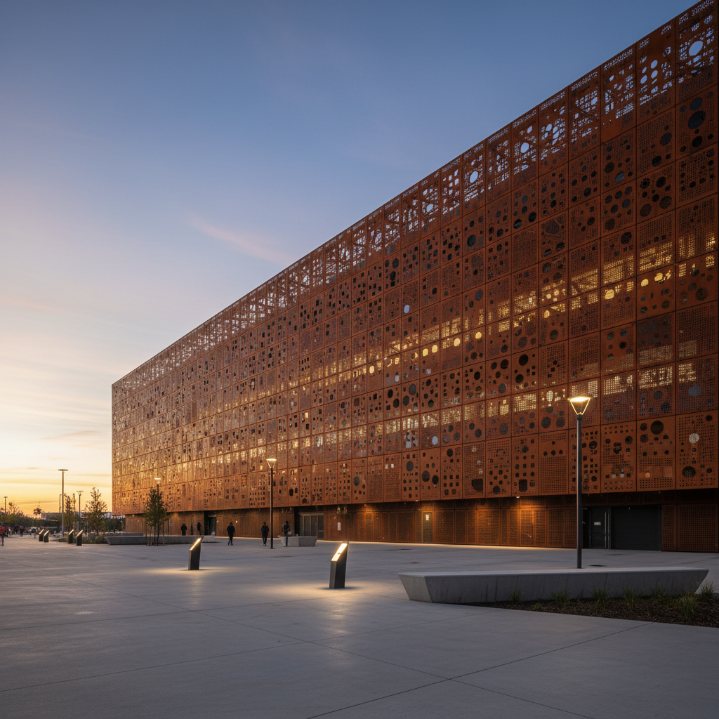 Vantage Arena exterior showing perforated weathering steel facade in Portland Oregon at dusk