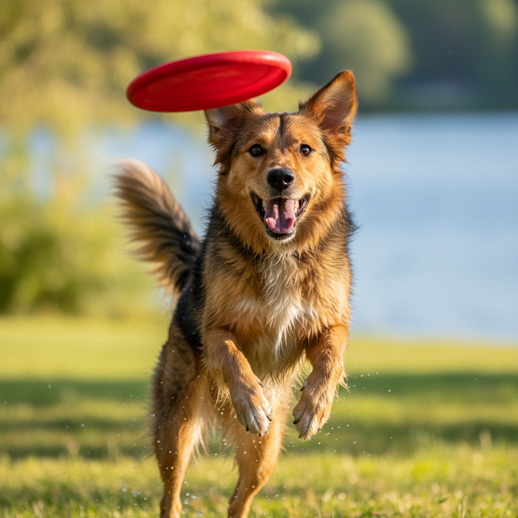 Dalmatian dog mid-jump catching a frisbee in a grassy park, athletic and energetic