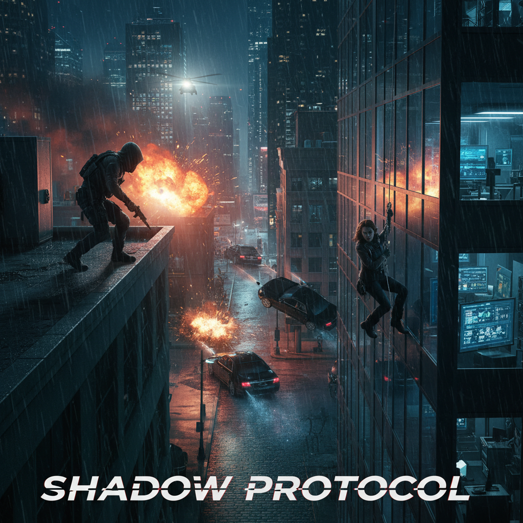 High-intensity action thriller night scene — dark urban environment, dramatic artificial lights, smoke, cinematic spy atmosphere