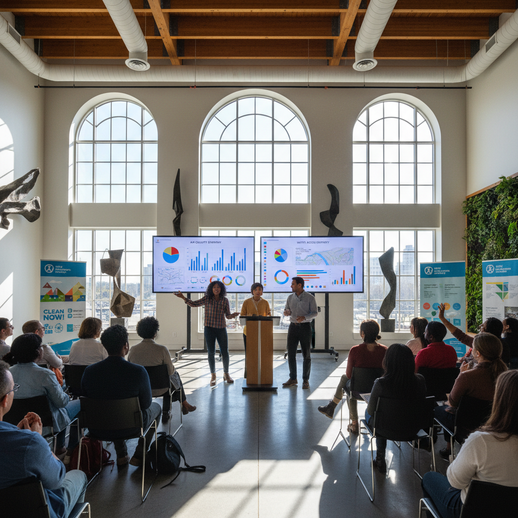 Environmental justice advocates presenting data at city hall, advocacy campaign frame