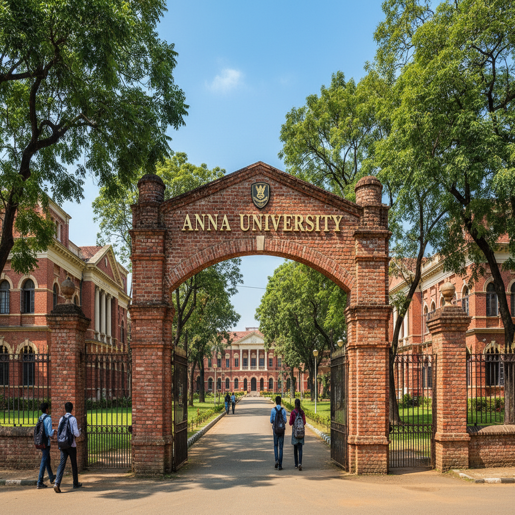 Anna University main campus with iconic red brick buildings and wide entrance gate in Chennai