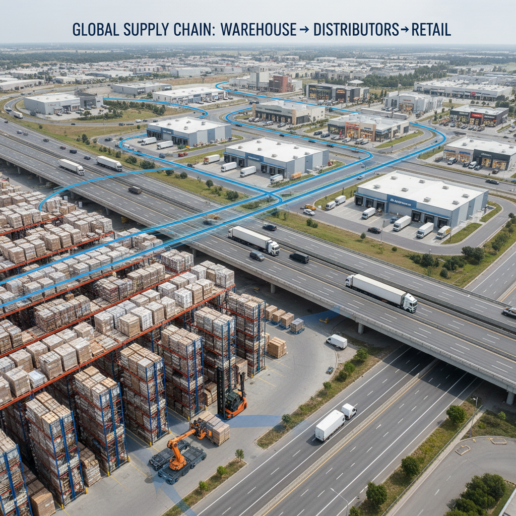 Supply chain logistics showing goods movement from warehouse through distributors to retail stores