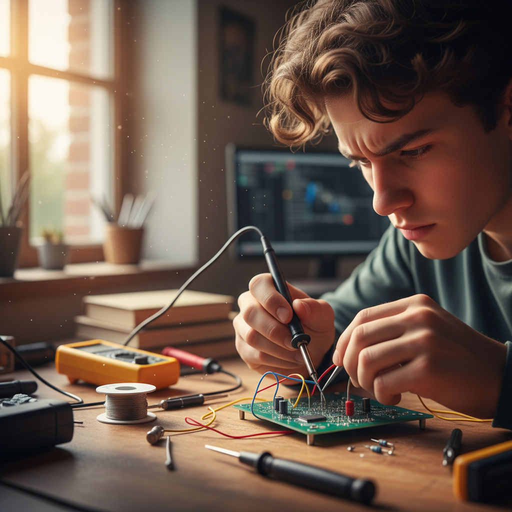 Teenage student focused on building an electronics project at a workbench