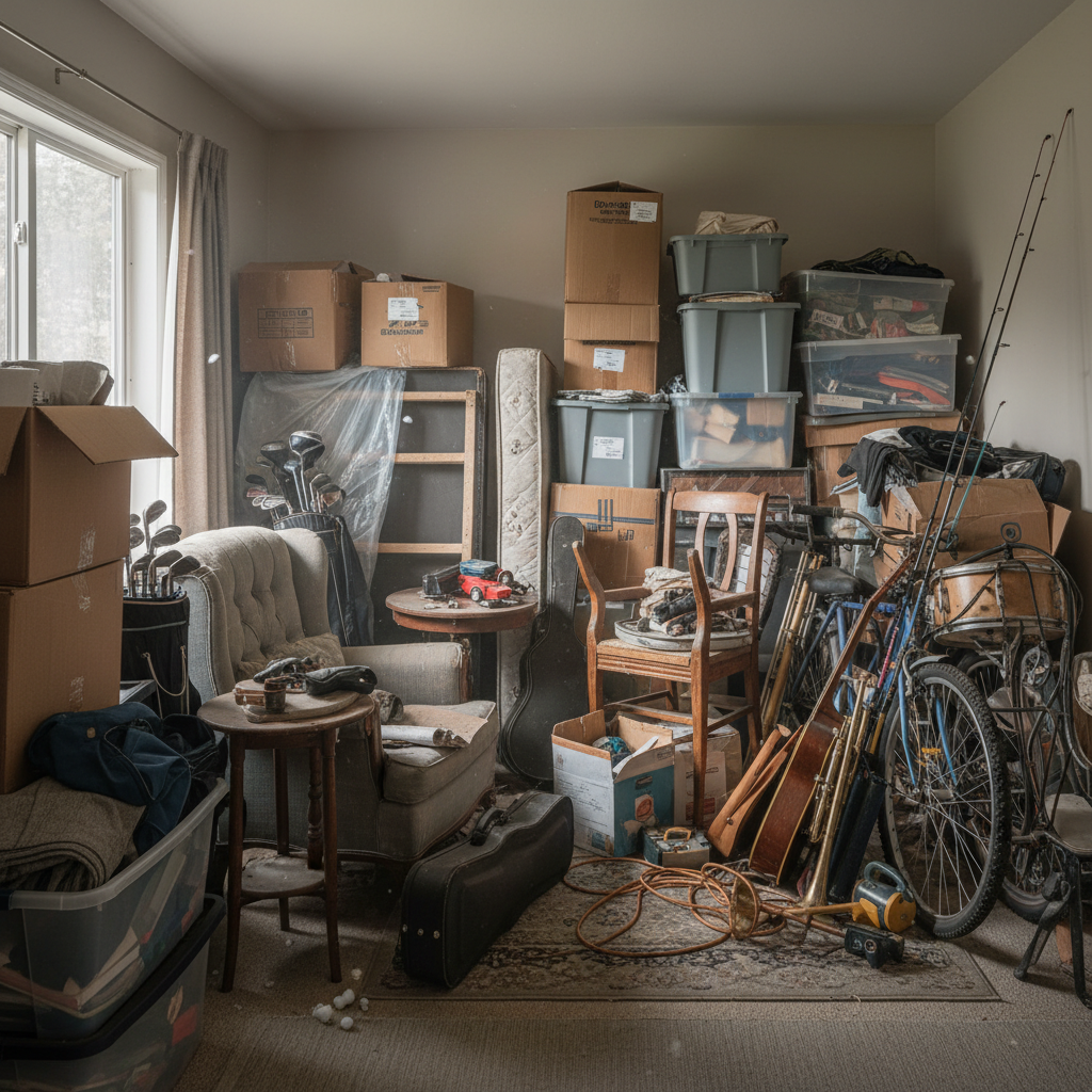 Cluttered household storage room with old furniture and boxes