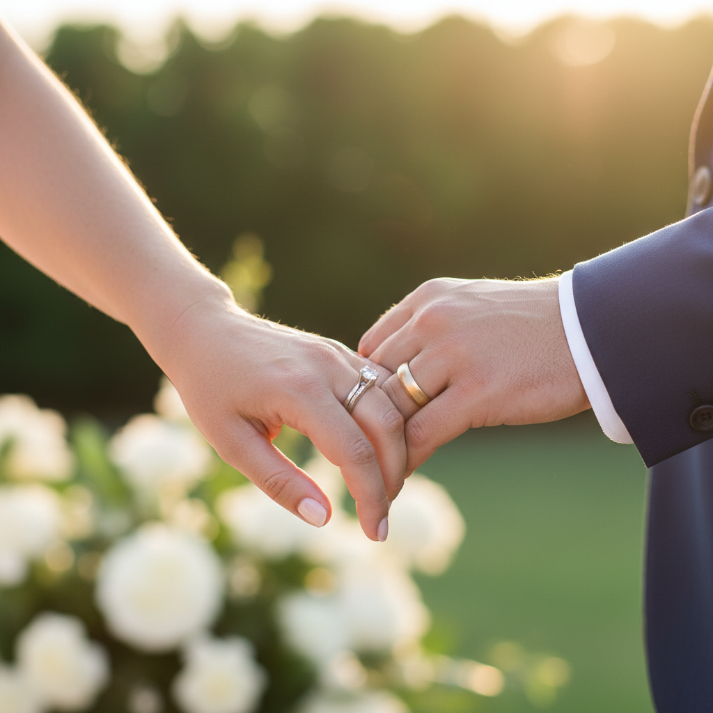 Close up of two hands intertwined, warm skin tones, soft shallow depth of field, golden light