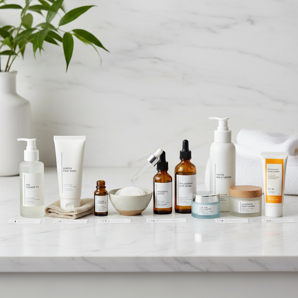 Skincare morning routine products on marble, bright clean sunlight, minimal aesthetic