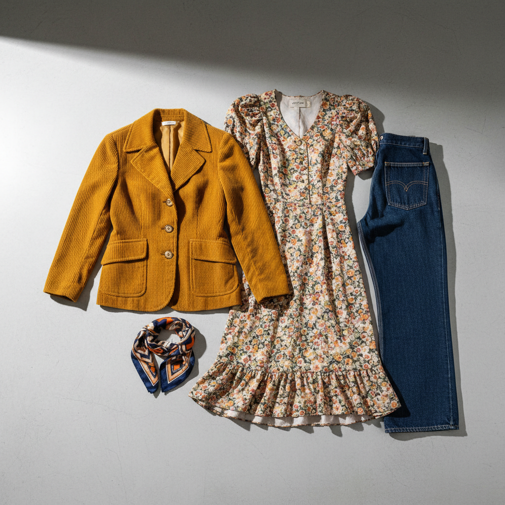 Flat lay of soft summer clothing — muted lavender blouse, dusty blue scarf, rose-tinted accessories