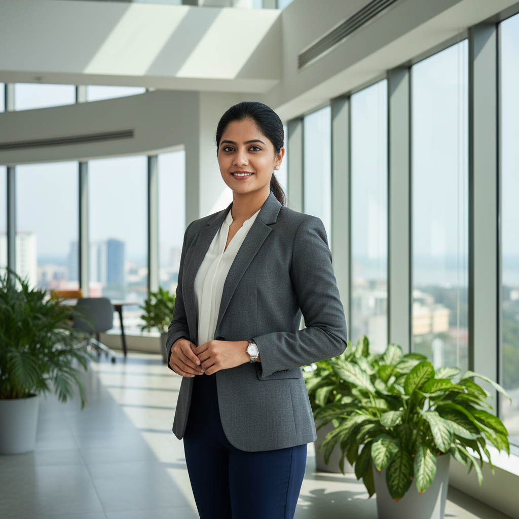 Professional Indian businesswoman smiling in office setting
