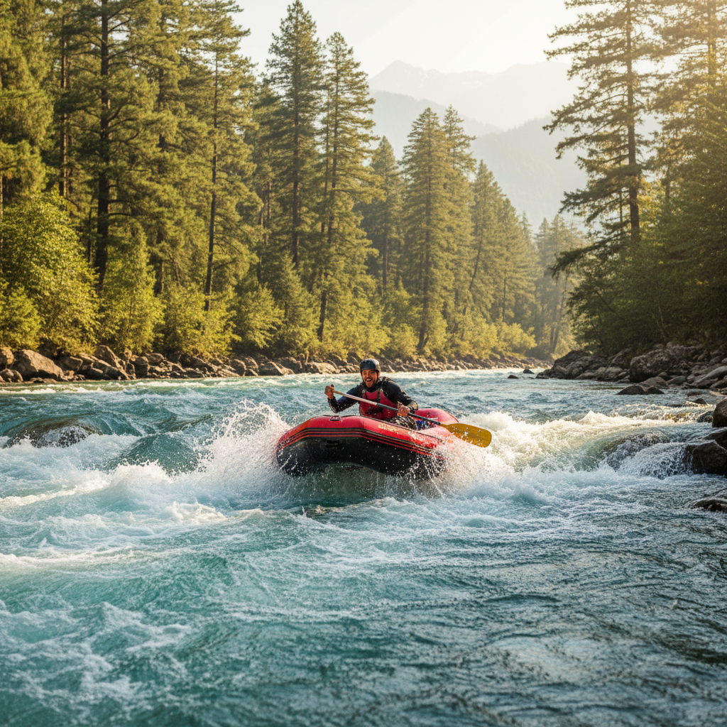 River rafting on Lidder River Pahalgam with white water rapids, green pine forest on banks, clear mountain water