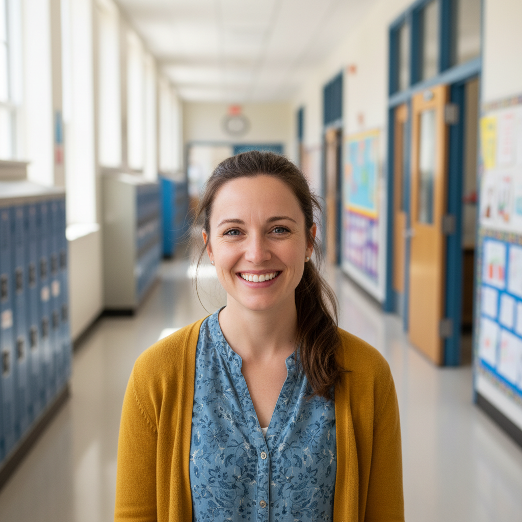 Female teacher smiling at camera in school corridor