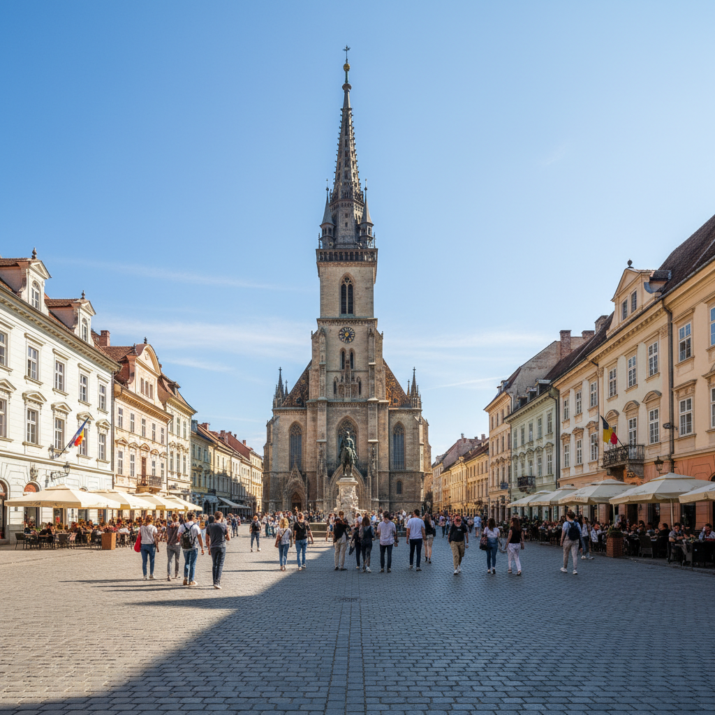 Cluj-Napoca city square with historic buildings and St. Michael's Church