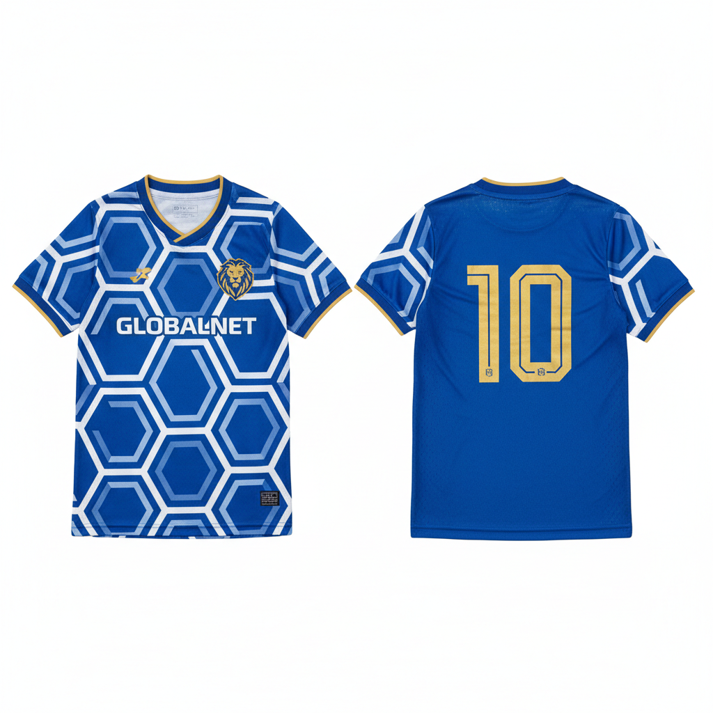 Custom soccer jersey in royal blue with white pinstripes and custom number 9