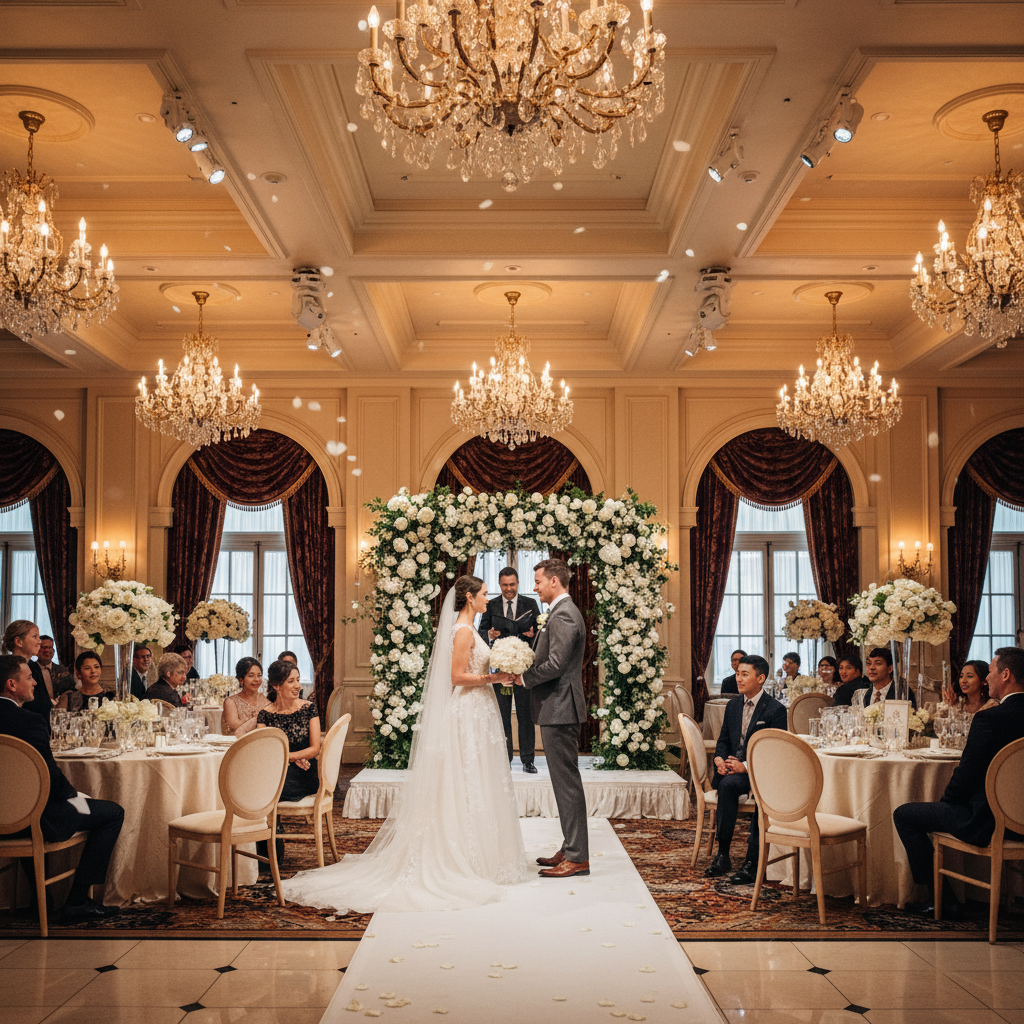 Wedding ceremony in hotel ballroom