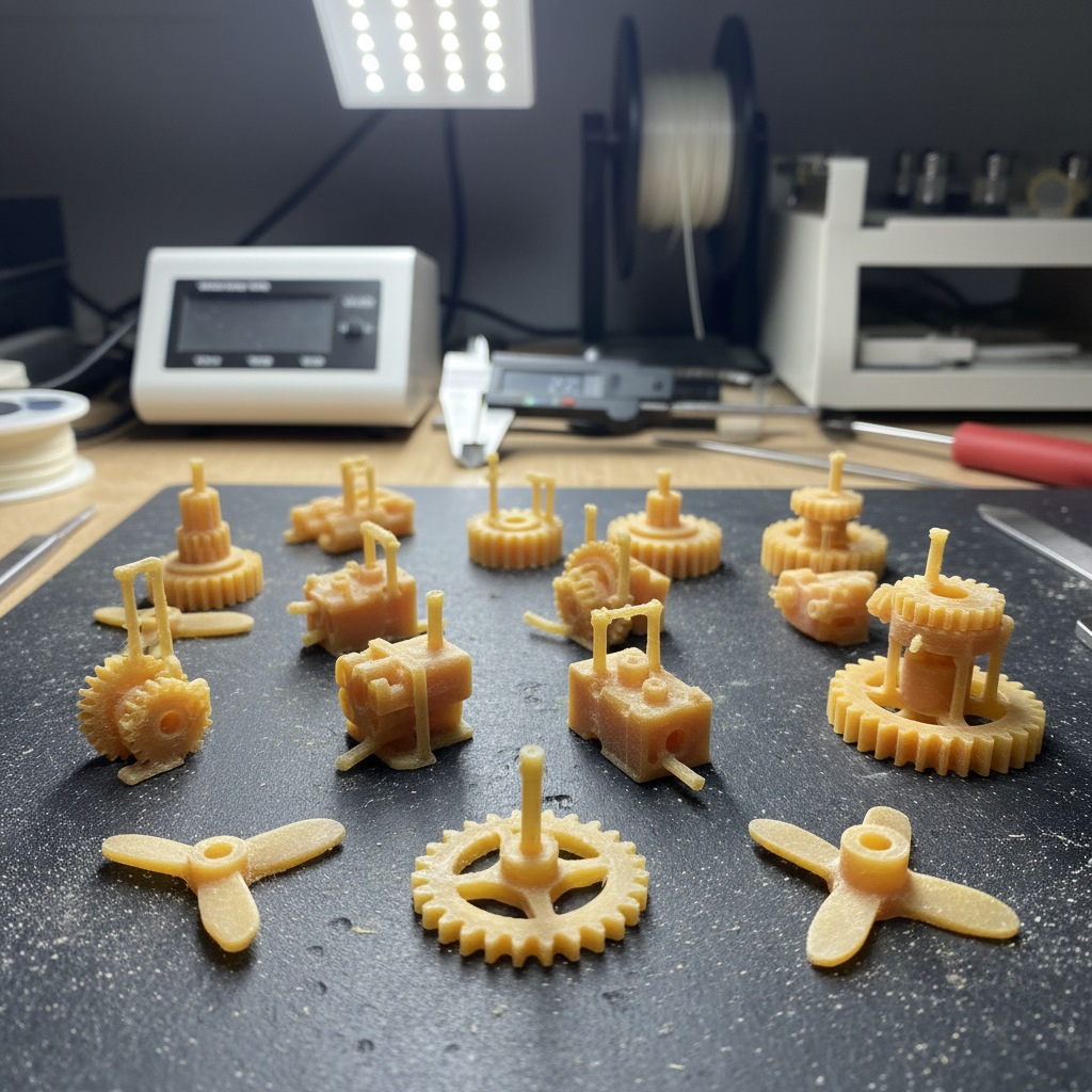 Industrial 3D printed functional components on dark metal workshop surface, dim atmospheric industrial lighting