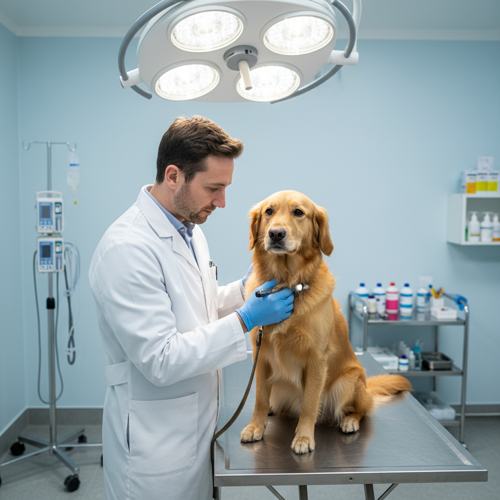 Veterinarian in white coat examining a dog on a clinical table for toxin ingestion assessment