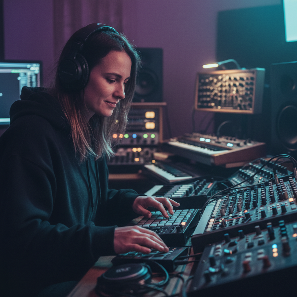 Priya Anand, electronic music artist, in studio with console glow