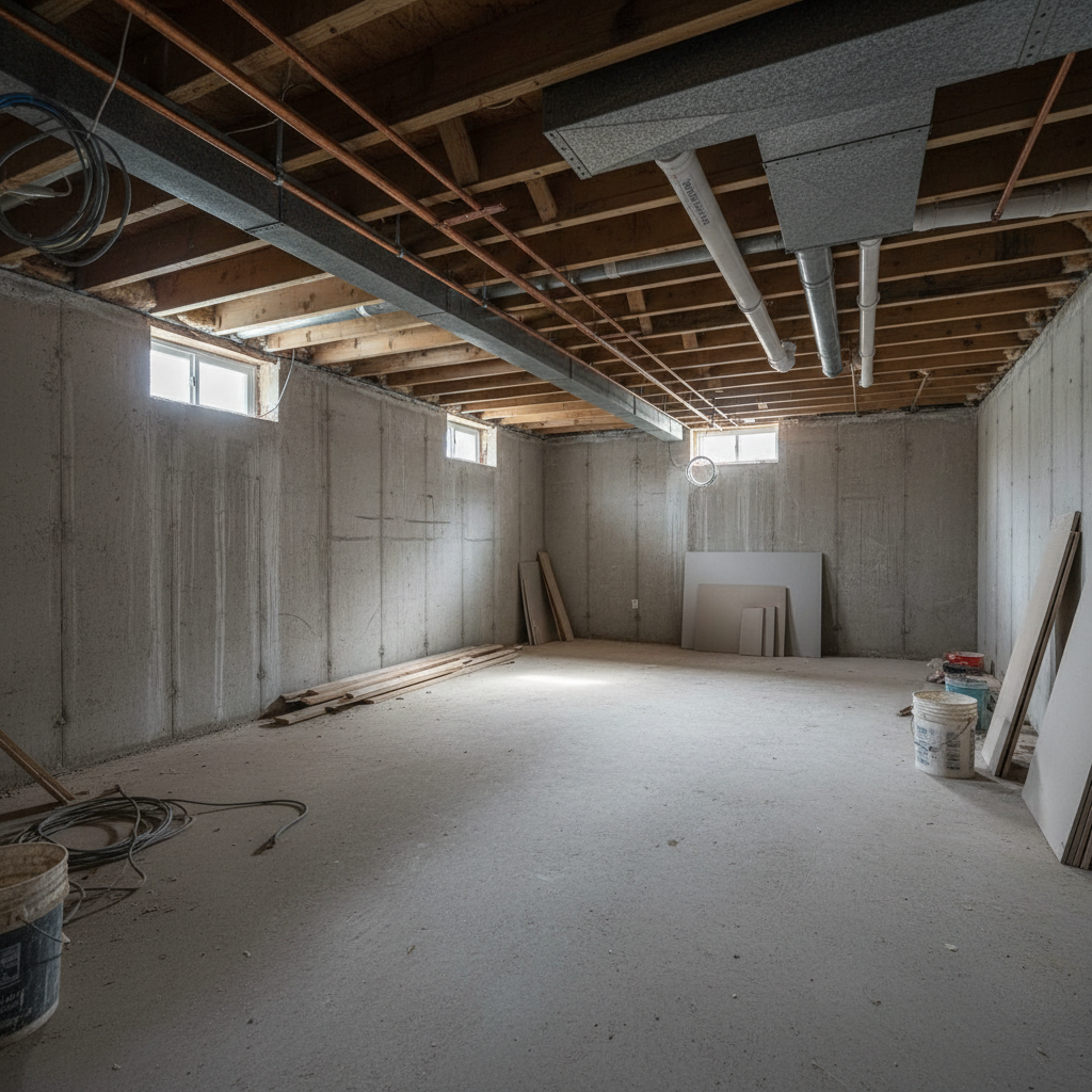 Finished basement with recessed lighting, entertainment area, built-in shelving and luxury vinyl flooring after renovation