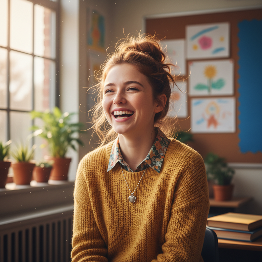 Young female teacher laughing in classroom