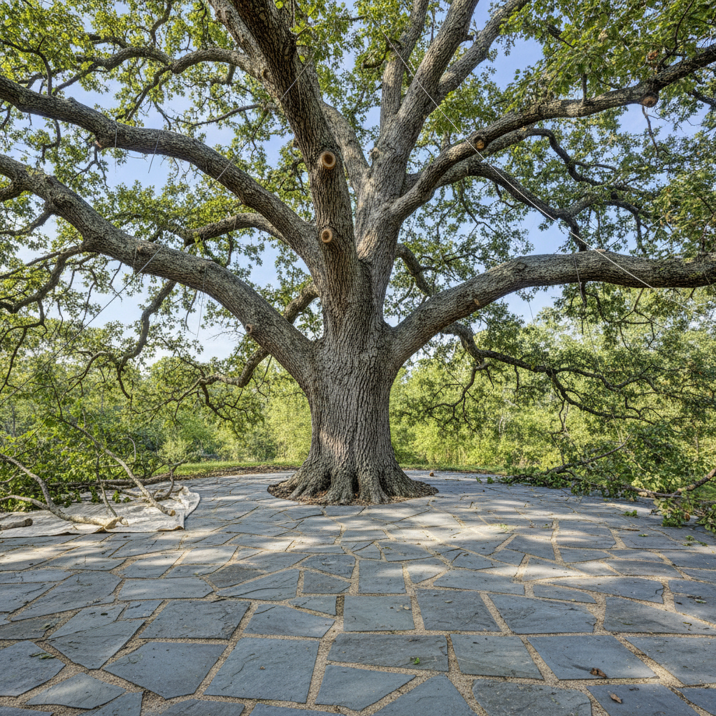 Preserved white oak tree after professional cabling and pruning work with bluestone patio intact below in Manhattan