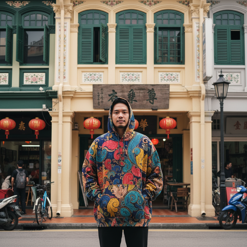 Man in Thread oversized batik hoodie standing in front of a traditional Chinatown shophouse in Singapore