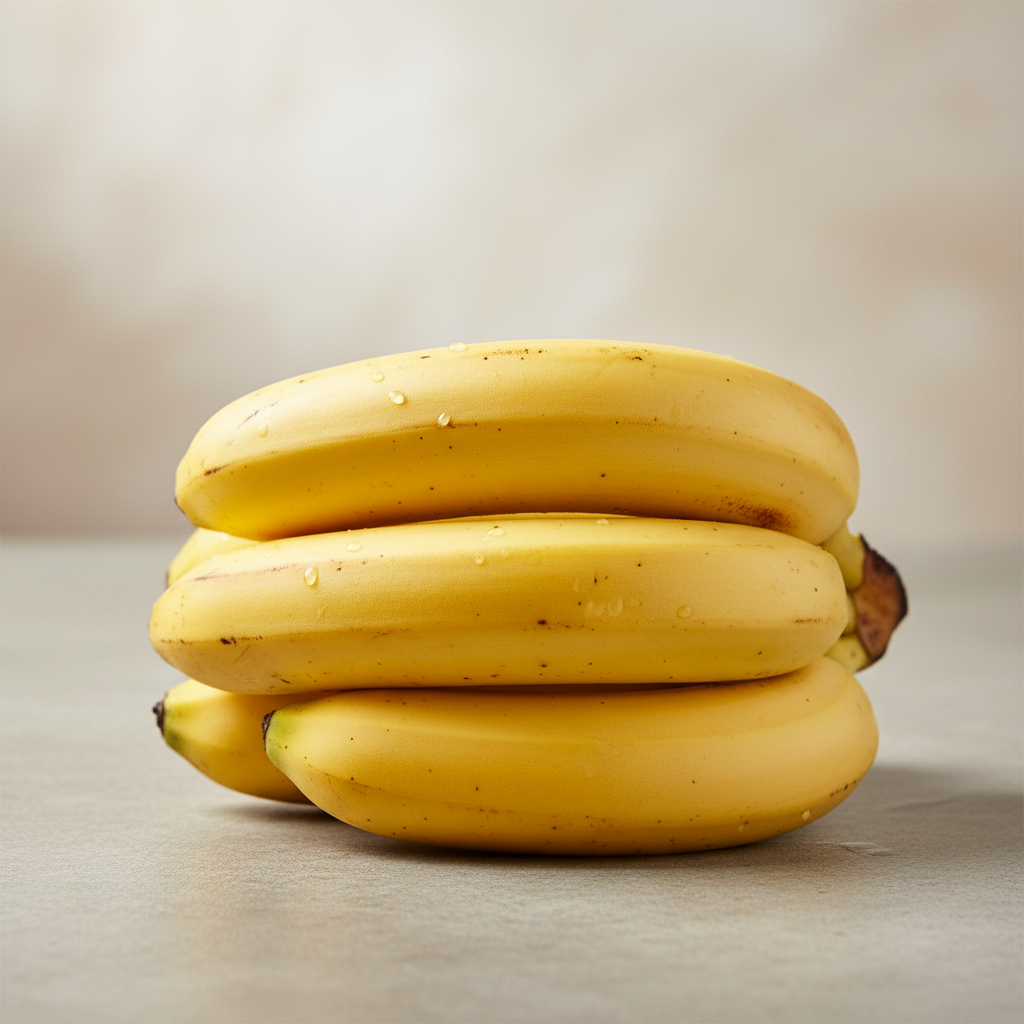 Yellow banana hanging from a small chrome hook on a white desk, clean product photography