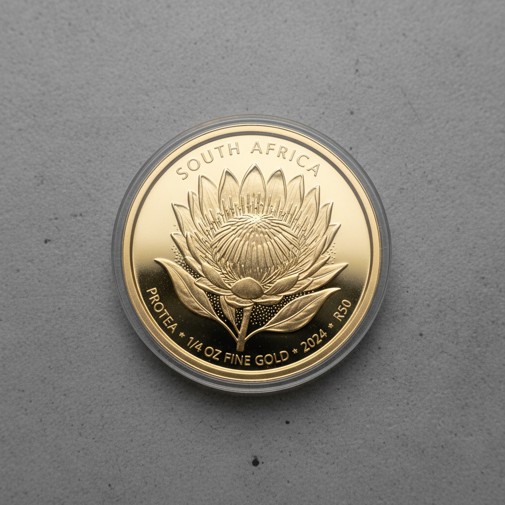 Quarter-ounce Protea gold coin in protective case under bright collector lighting