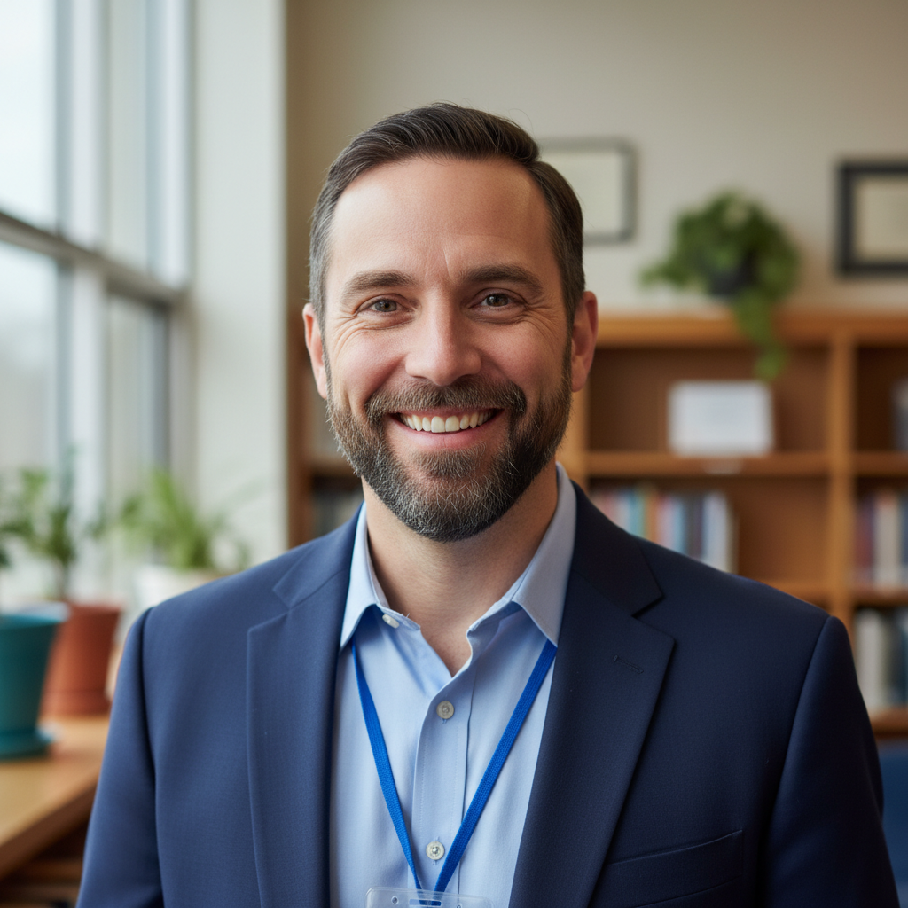 Male educator with warm smile wearing lanyard