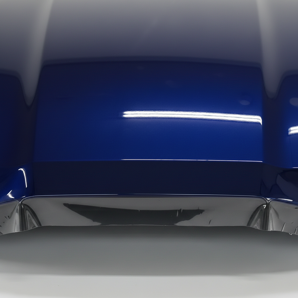 Close-up of freshly detailed car paint, wet gloss reflection, dark dramatic background